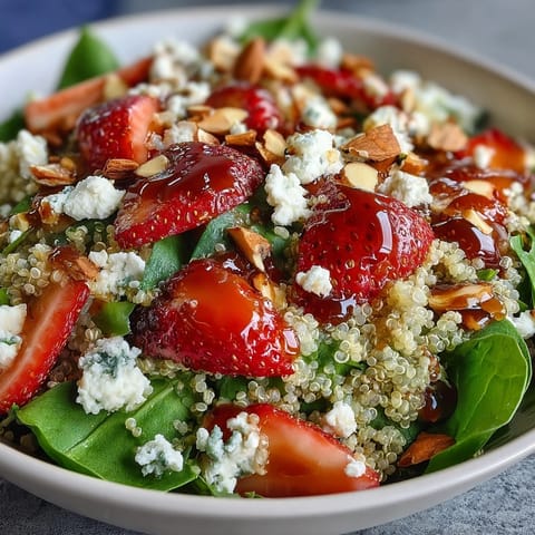 A colorful bowl of strawberry feta quinoa salad with fresh spinach, juicy berries, and tangy balsamic dressing.  