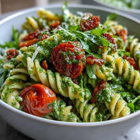 Fresh summer pasta salad with pesto and cherry tomatoes, bursting with color and flavor.  