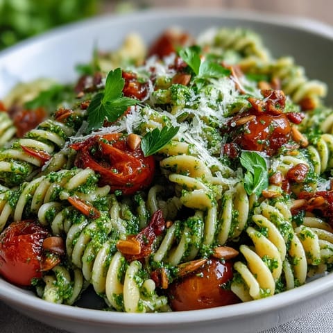 Creamy homemade pesto coats al dente pasta, mingling with sweet cherry tomatoes and arugula.  