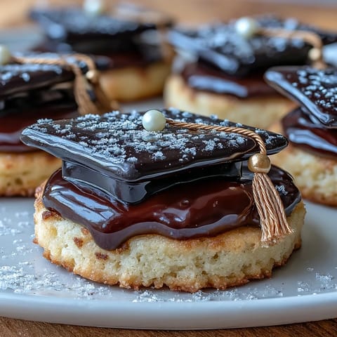 Easy Graduation Cap Cookies with Royal Icing: Buttery sugar cookies topped with smooth black royal icing, finished with candy tassel details.