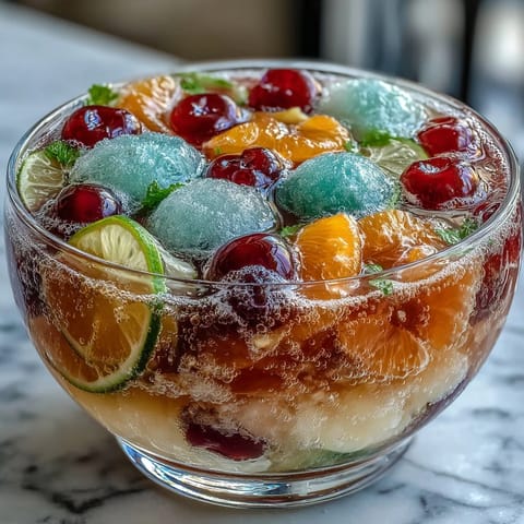 A vibrant graduation party punch bowl filled with rainbow sherbet and lemon-lime soda, perfect for celebrating milestones.