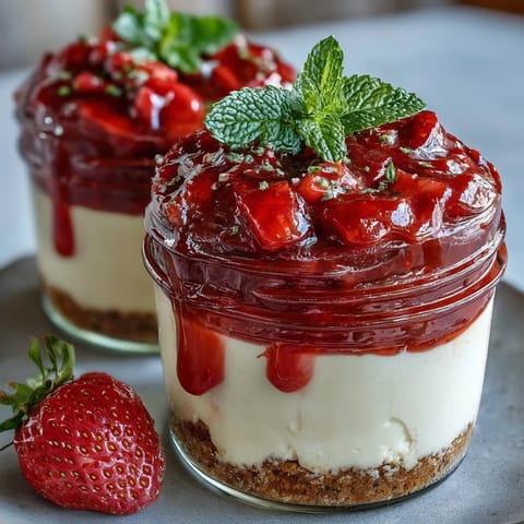No-Bake Strawberry Cheesecake Jars with creamy layers and fresh strawberry compote, served in individual glass jars.