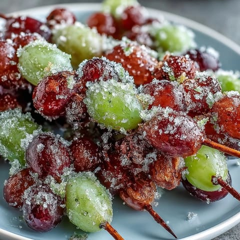 Vibrant frozen grape skewers glistening with zesty lime sugar, perfect for a refreshing summer snack or party appetizer.  