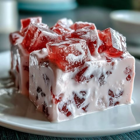 Vibrant cubes of strawberry and rose gelatin suspended in creamy milk base for a stunning mosaic dessert.  
