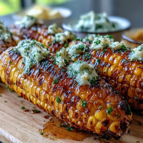 Grilled corn on the cob with four herbed butters, perfect for Memorial Day barbecues.  