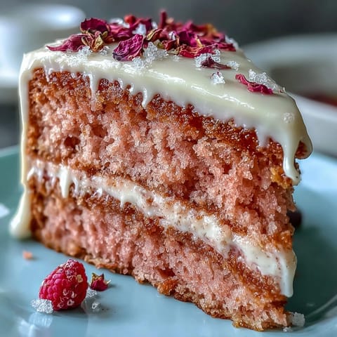 A beautiful pink rosé velvet cake, frosted elegantly with a shimmering gold drip.