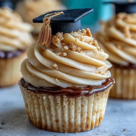 Delicious graduation cupcakes with black and gold fondant caps, perfect for celebrating academic milestones with sweet vanilla flavor.
