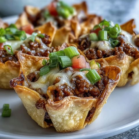 Savory ground beef filling crowns these golden mini taco cups.