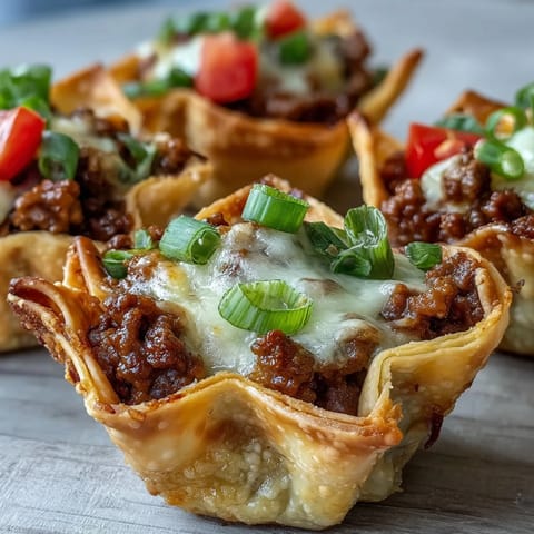 Crispy mini taco cups in wonton wrappers, a satisfying appetizer.