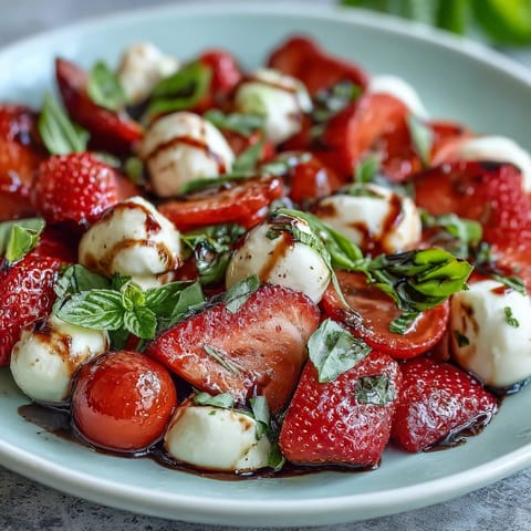 Fresh Strawberry Caprese Salad showcasing vibrant red berries and creamy mozzarella.