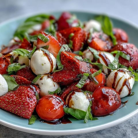 Juicy strawberry Caprese salad with basil, glistening with balsamic glaze.