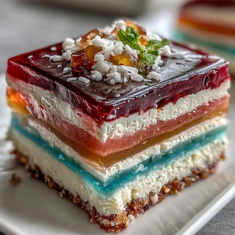 Vibrant agar-agar rainbow jelly cake dessert with creamy coconut, perfect for parties.