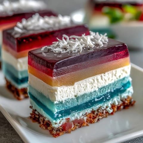 Close-up of layered agar-agar rainbow jelly cake, showcasing smooth, fruity textures.