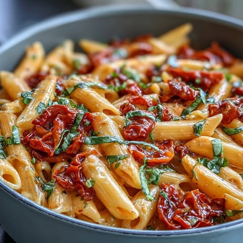Creamy tomato basil pasta, a comforting one-pot Italian-inspired dish, garnished with fresh basil.