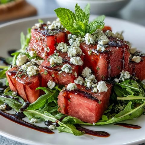 Vibrant Watermelon Feta Arugula Salad with balsamic reduction, a perfect cool summer starter.