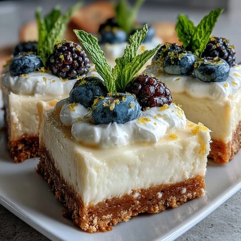 Creamy Skyr Lemon Cheesecake Bars glistening with fresh citrus zest and topped with berries.
