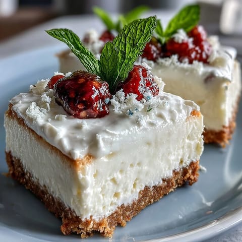 Tangy no-bake Skyr Lemon Cheesecake Bars, a perfect slice of smooth, lemony dessert.
