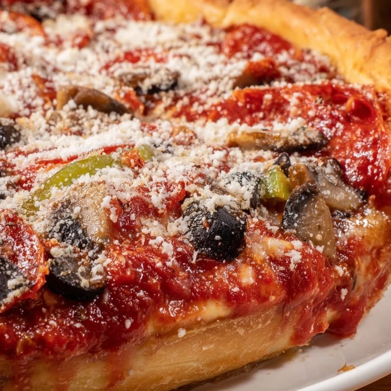 Freshly baked Deep Dish Pizza with gooey cheese pull, garnished with fresh basil and served on a wooden board.