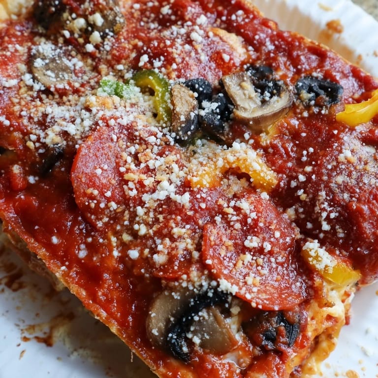Tall, buttery crust of Chicago-style Deep Dish Pizza filled with chunky tomato sauce, pepperoni, and colorful vegetable toppings.