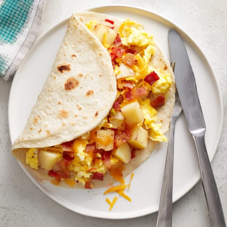 A freshly assembled Breakfast Burrito filled with fluffy eggs, smoky bacon, and bell peppers.