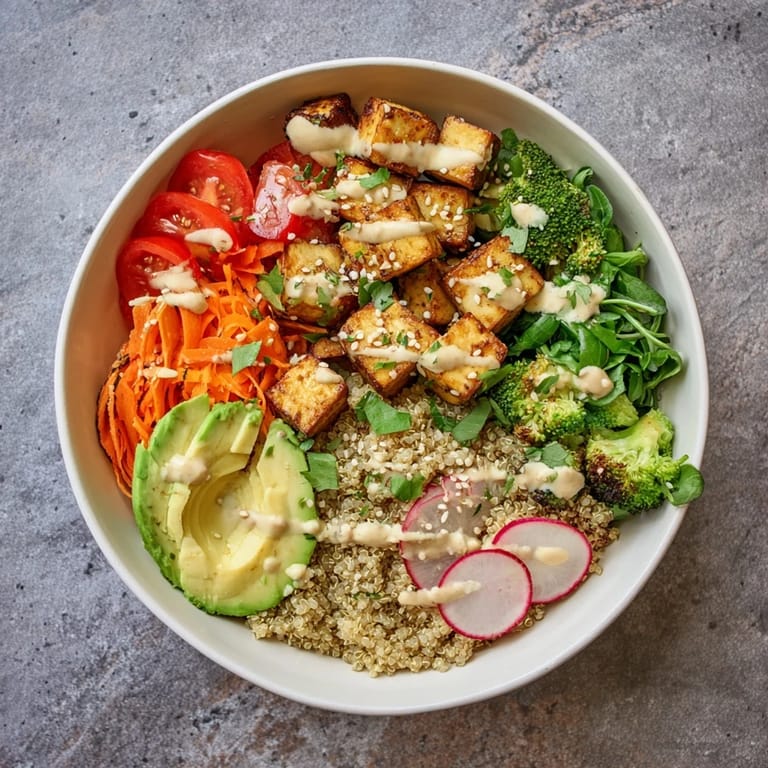 Colorful Buddha Bowl featuring sliced avocado, shredded carrots, cherry tomatoes, and pickled onions over fluffy grains, ready to be enjoyed for lunch or dinner.
