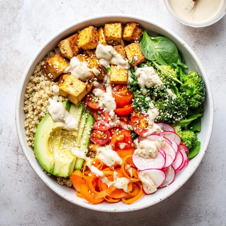 Healthy Buddha Bowl with mixed vegetables, your choice of tofu or chicken, and a lemon-tahini drizzle, beautifully arranged for a nourishing weeknight meal.
