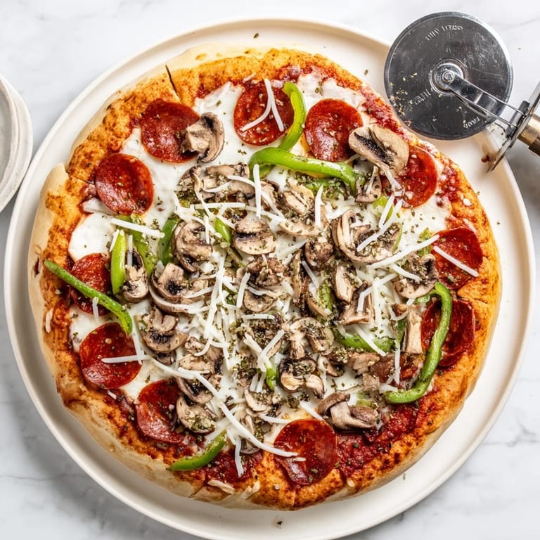 Homemade Stuffed Crust Pizza topped with bell peppers and mushrooms, ready to serve hot.