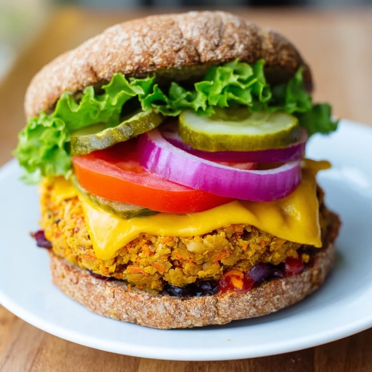 A juicy veggie burger with pickles and onions, served with ketchup and mustard on a sesame bun.