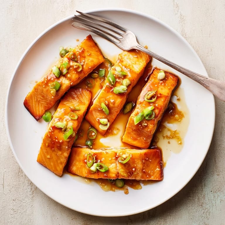 Golden-brown pan-seared Honey Garlic Salmon, drizzled with sweet-savory sauce and paired with vibrant seasonal steamed vegetables.