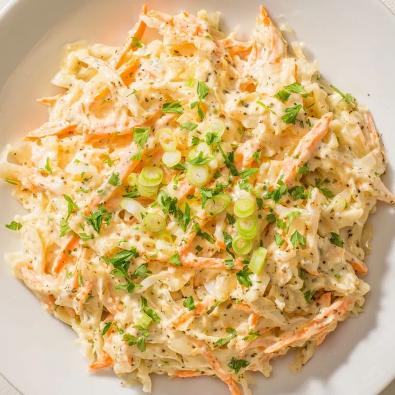 Crisp coleslaw with apple, showcasing shredded vegetables and a bright, tangy sauce.