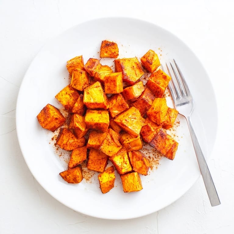 Tender sweet potato cubes, freshly roasted and caramelized, served warm as a perfect vegan addition to any meal.