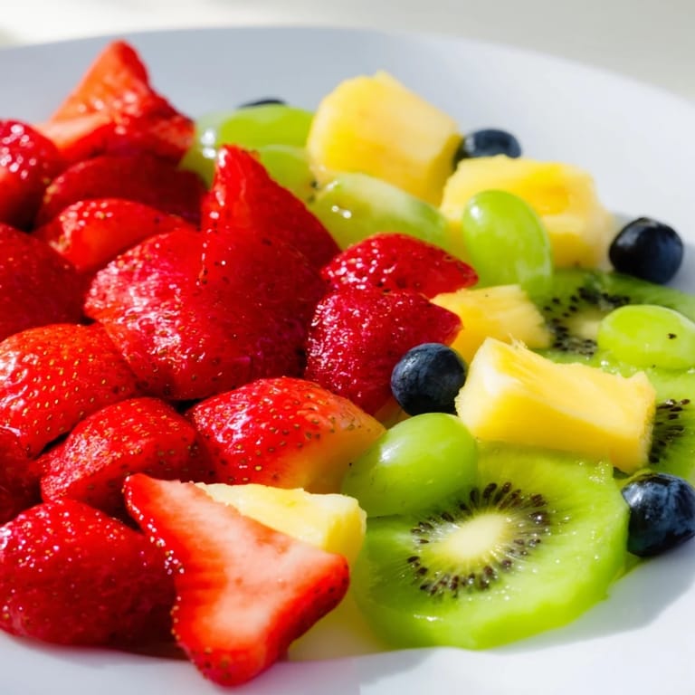 Freshly prepared Fruit Salad showing grapes, kiwi, and pineapple in a crisp medley with mint garnish.