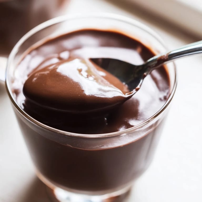 Rich Chocolate Pudding topped with a chocolate shaving, ready to serve chilled.