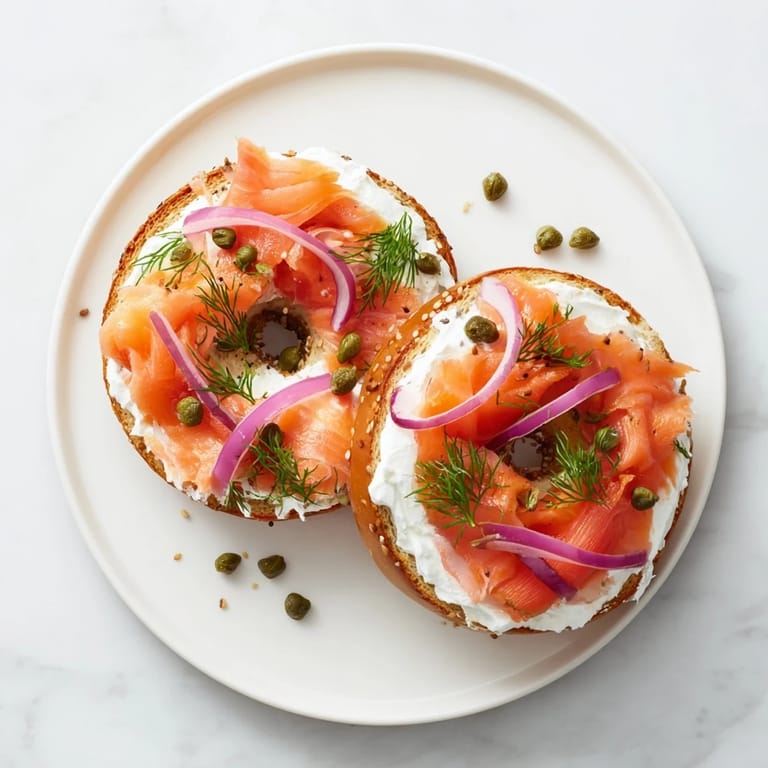 Golden Bagel with Cream Cheese served warm, garnished with capers and sliced tomato for a fresh touch.