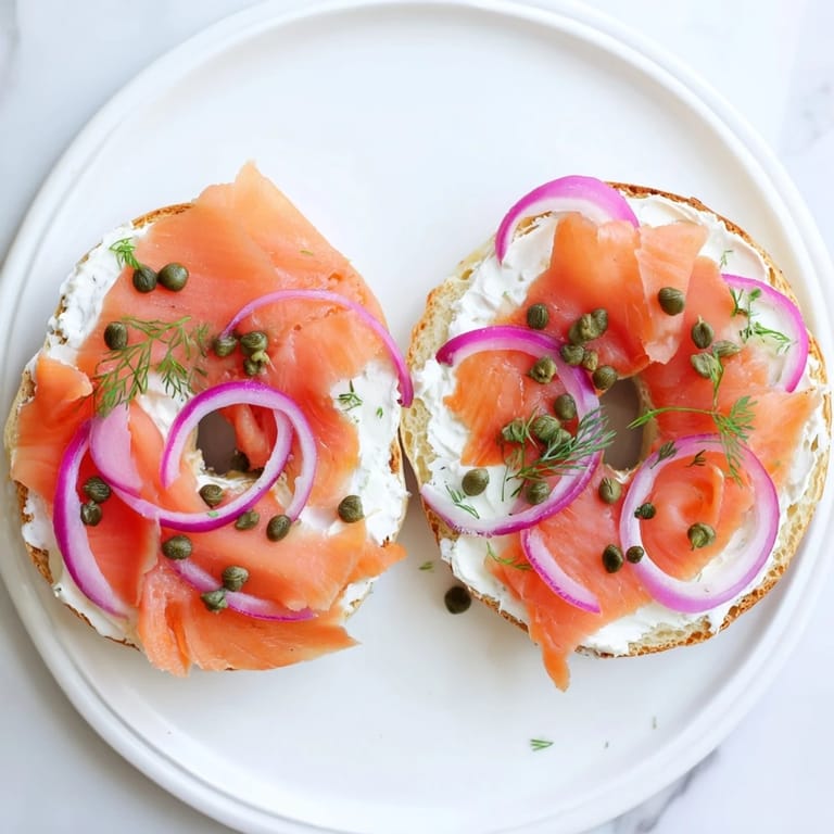 Generously spread Bagel with Cream Cheese, topped with smoked salmon and red onion for a savory bite.
