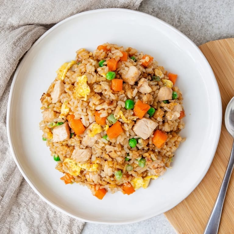 A close-up of delicious chicken fried rice served in a white bowl, garnished with extra green onions.