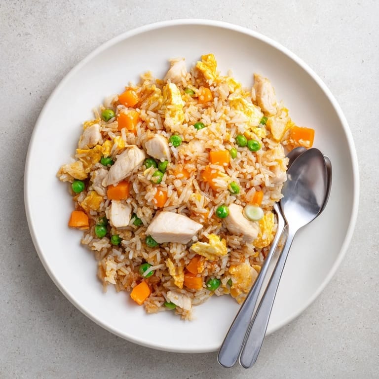 Stir-fried chicken fried rice tossed with savory soy sauce and fresh scallions for an easy weeknight meal.
