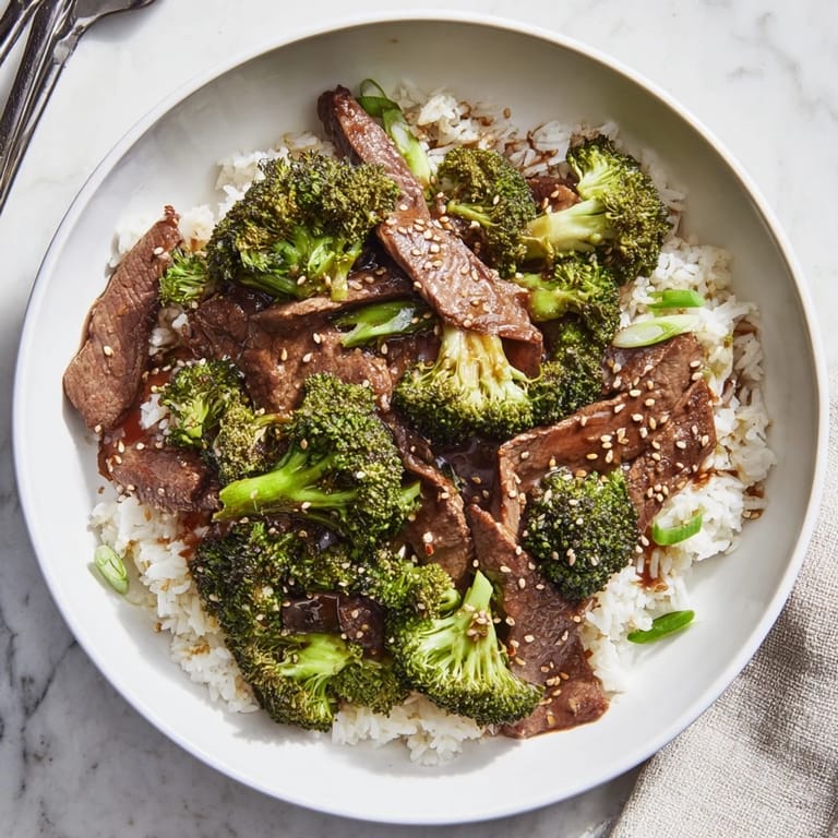 A serving of homemade Beef and Broccoli over jasmine rice, garnished with green onions and sesame seeds.