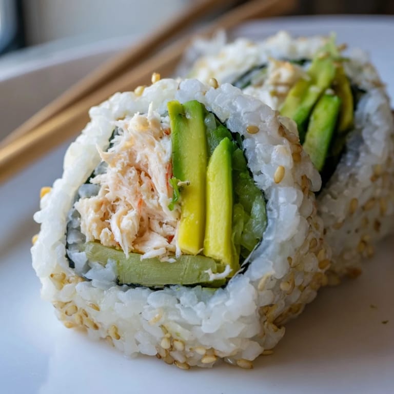 Sliced California Roll showcases layered crab, avocado, and cucumber filling wrapped in nori and rice.