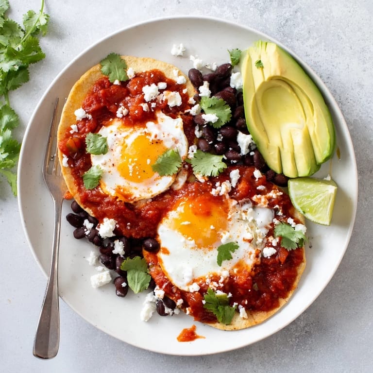 Ready-to-serve Huevos Rancheros featuring warm tortillas, spicy tomato sauce, and lime wedges for a bright finish.