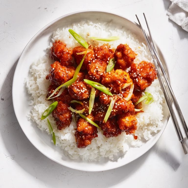 A close-up of General Tsos Chicken, showcasing golden, crunchy chicken coated in a bold, spicy-sweet sauce with sesame seeds and chilies.