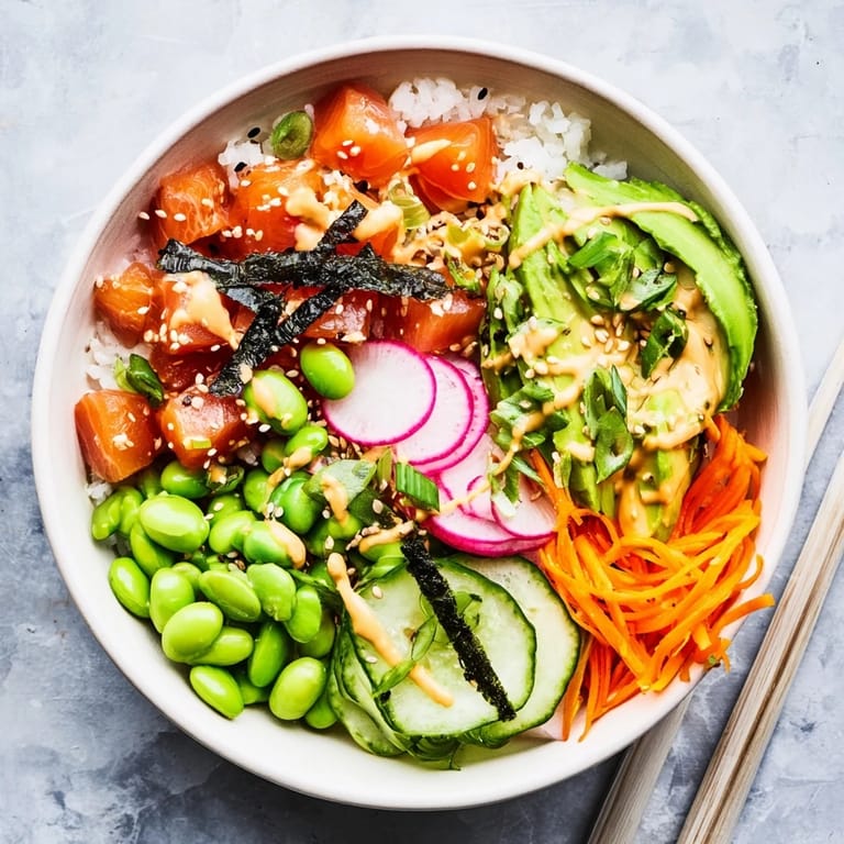 A vibrant, ready-to-eat poke bowl with sushi-grade fish, avocado, radishes, and fresh greens served over steamed rice.