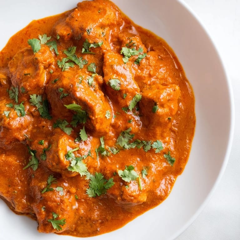 A bowl of homemade Chicken Tikka Masala with warm naan bread for dipping.