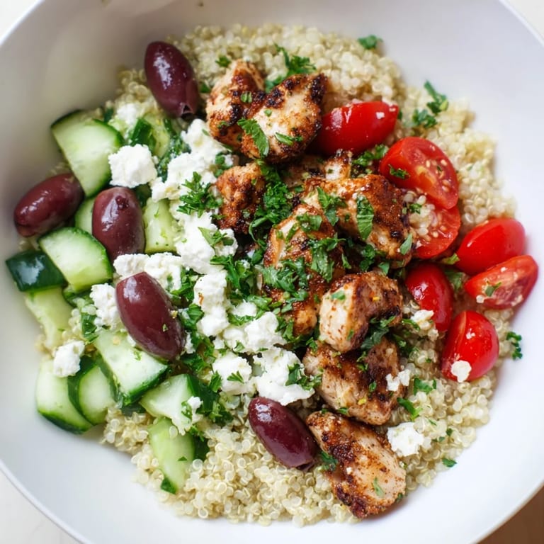 Colorful Mediterranean Chicken Bowl topped with Kalamata olives, cherry tomatoes, and parsley, ready to serve as a flavorful gluten-free dinner.