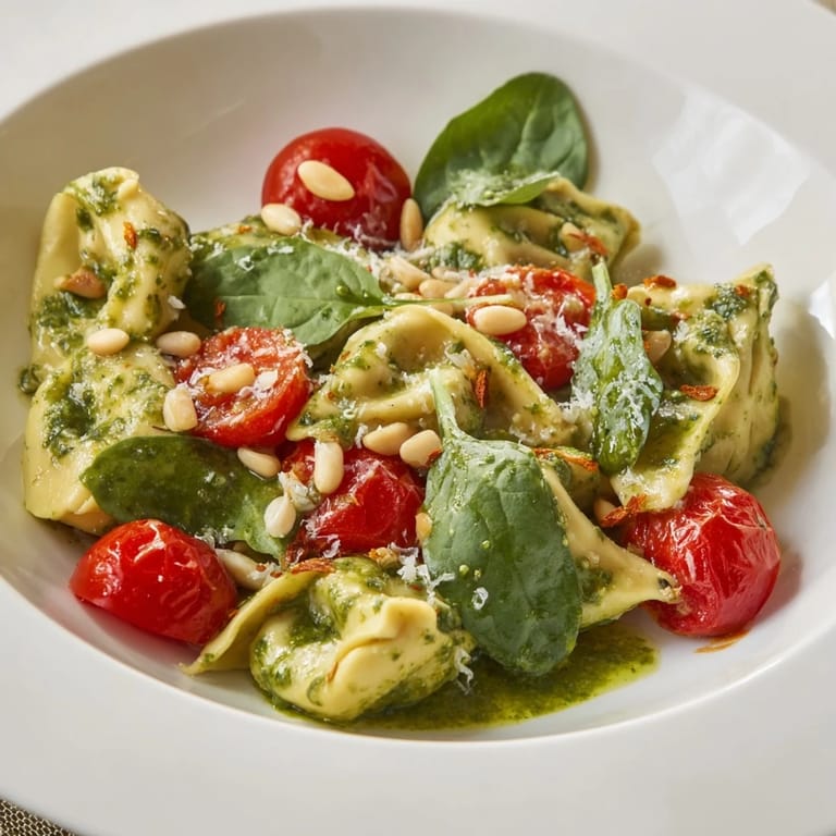 A close-up of Pesto Tortellini Salad garnished with toasted pine nuts and grated Parmesan, perfect for a summer potluck.  