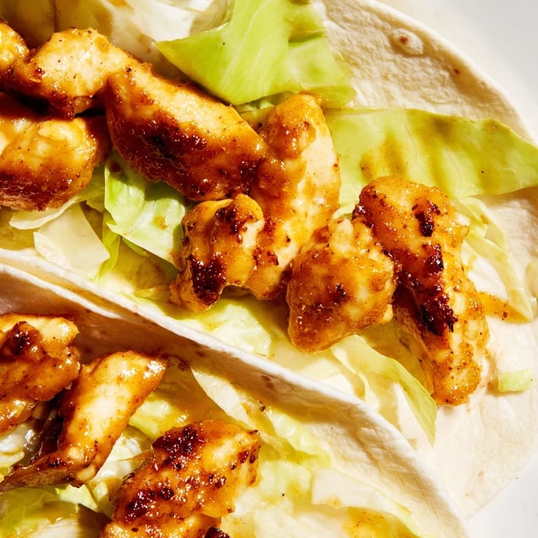 Close-up of a honey mustard chicken wrap on a plate, with extra dressing drizzled over the golden-brown chicken and colorful vegetables.