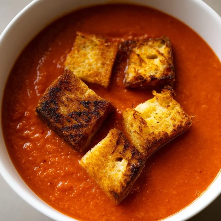 Golden grilled cheese croutons float atop velvety roasted tomato soup, creating a delicious contrast of crispy bread and creamy, savory flavors perfect for a cozy family dinner.