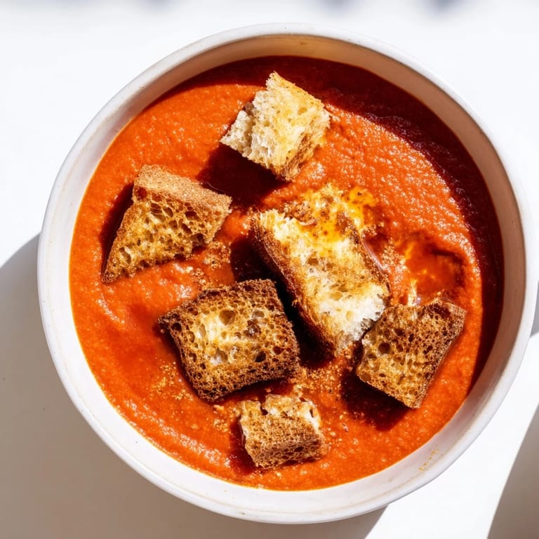 A close-up view shows roasted tomato soup with grilled cheese croutons, highlighting the vibrant red broth, melted cheddar on toast cubes, and a hint of fresh thyme.