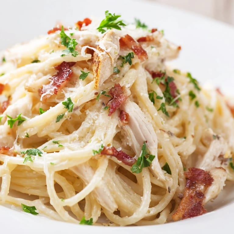 Spaghetti chicken carbonara with golden, crispy bacon bits and fresh parsley, served in a white bowl for a family dinner.