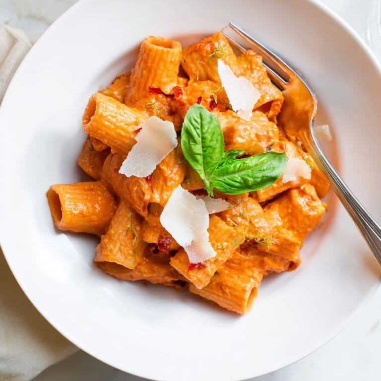 Hearty rigatoni pasta tossed in a mildly spicy, creamy tomato sauce served with crusty bread.  